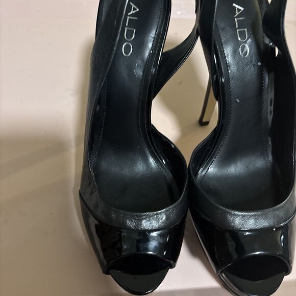 ALDO Women Black Peep Toe Leather Upper Platform High Heel Pump Sz 39 8.5 - Picture 3 of 7